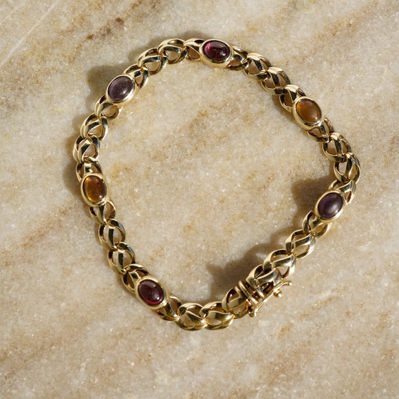 Rare Vintage Estate Fancy Woven 14K Oval Cabochon Gemstone Bracelet Unisex - Picture 1 of 6